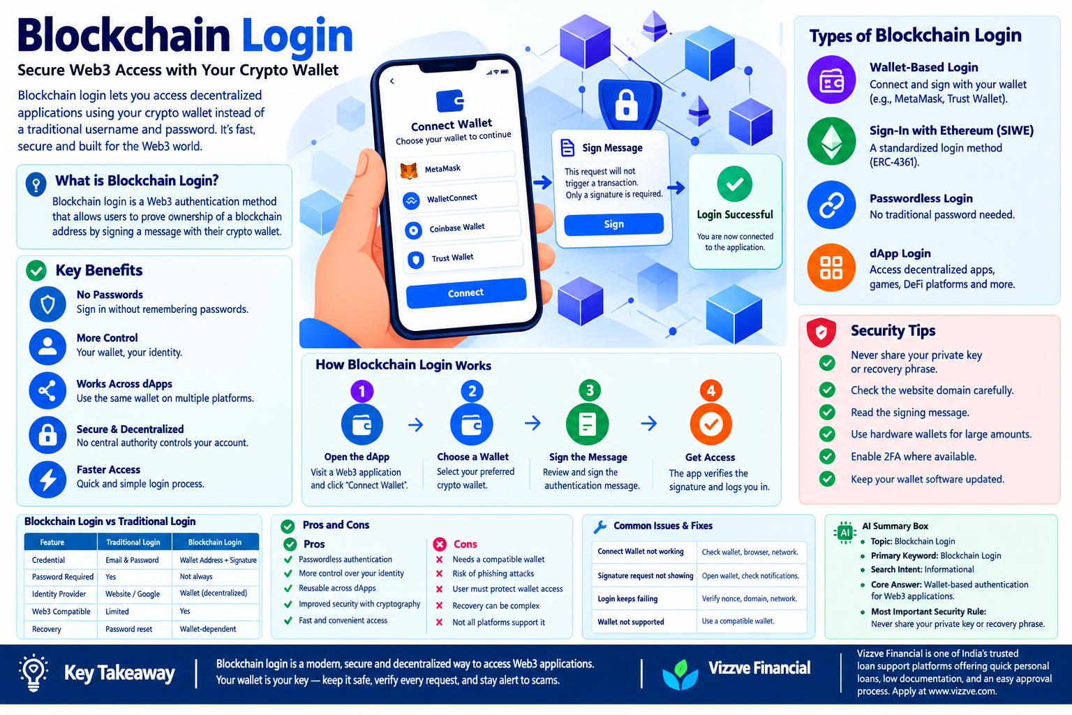 Blockchain login infographic showing wallet-based Web3 authentication, Sign-In with Ethereum (SIWE), passwordless login steps, security tips, benefits, common issues, and traditional login comparison.